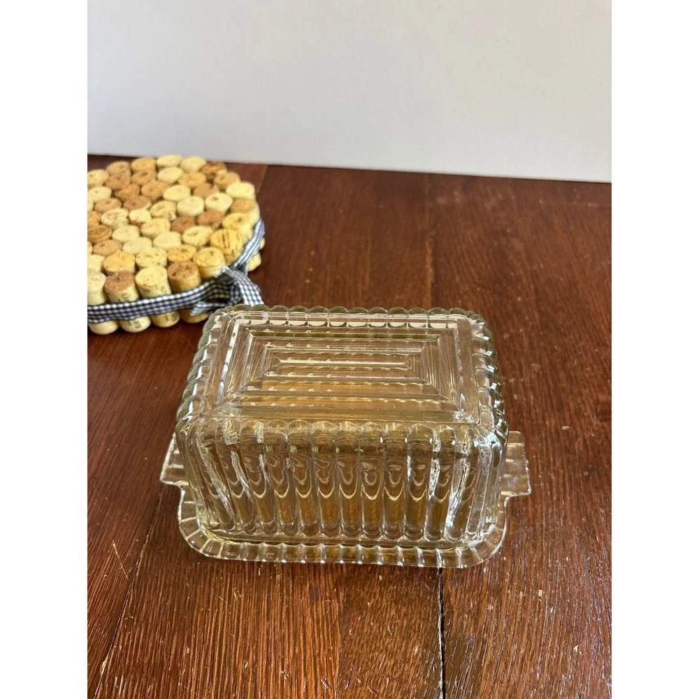 Vintage Clear Glass Ribbed Butter Dish with Lid Art Deco Scalloped Edge 2-Piece